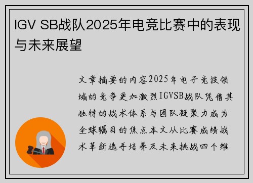 IGV SB战队2025年电竞比赛中的表现与未来展望