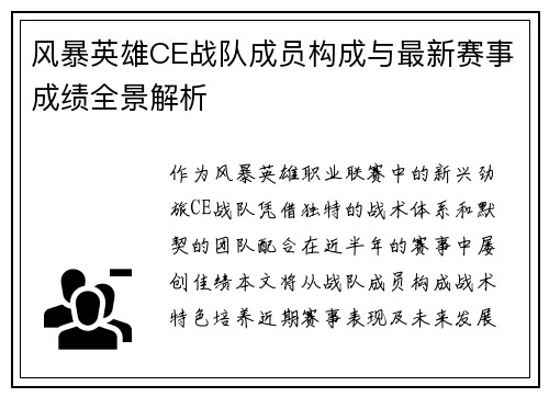 风暴英雄CE战队成员构成与最新赛事成绩全景解析