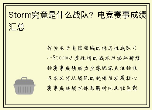 Storm究竟是什么战队？电竞赛事成绩汇总